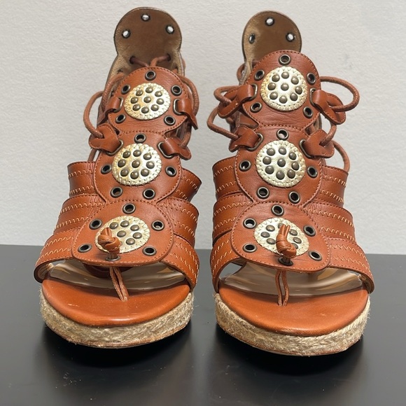 Michael Kors Gladiator Wedge Heel Leather Sandal Platform Lace Up Boho Brown 7 - Picture 3 of 12